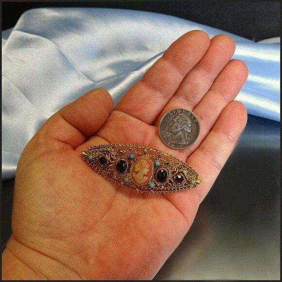 1950s Signed Florenza Ruby Crystal Antique Style Cameo Bar Pin SKU: 16949 - Picture 3 of 4